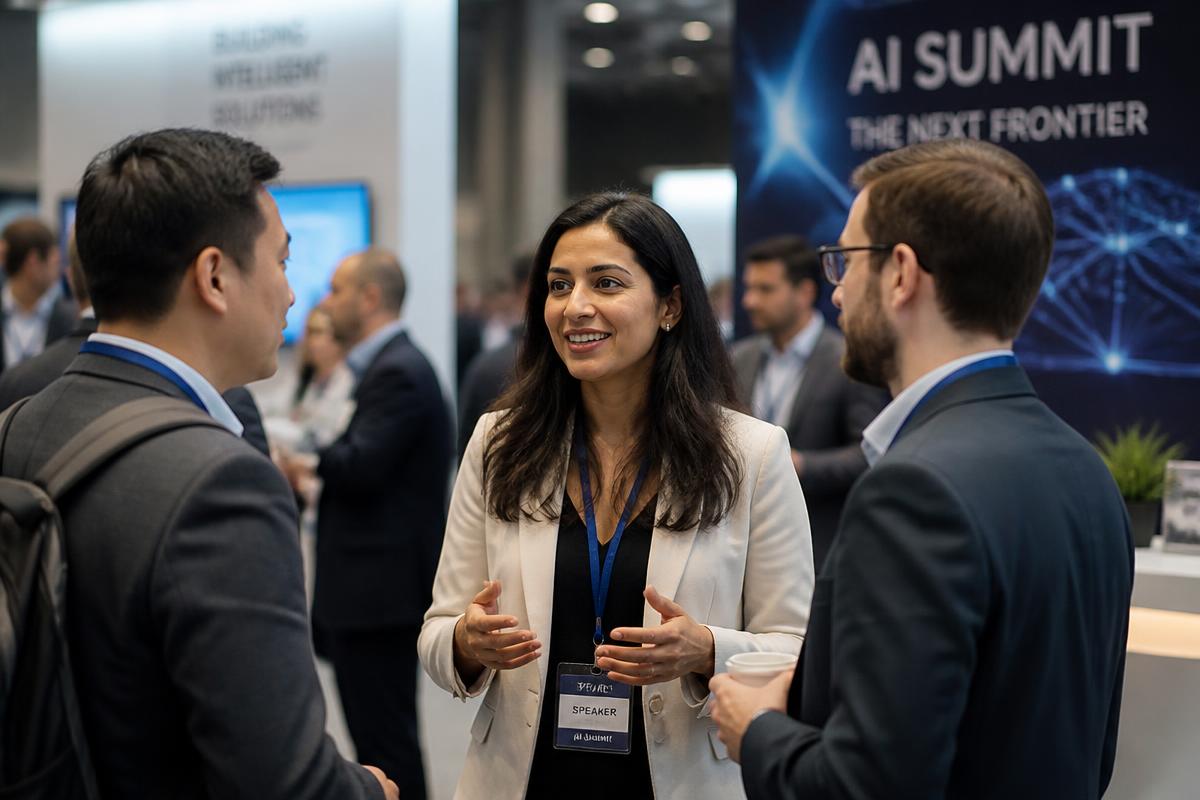 Professionals networking at a high-end proptech conference