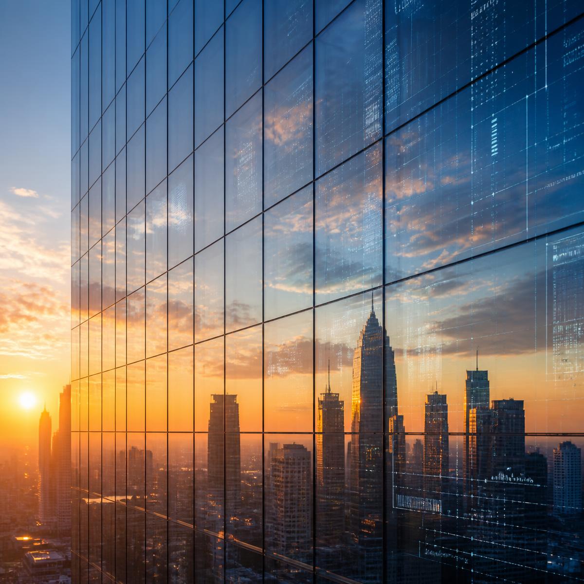 A modern glass skyscraper reflecting a sunrise with digital grid overlays